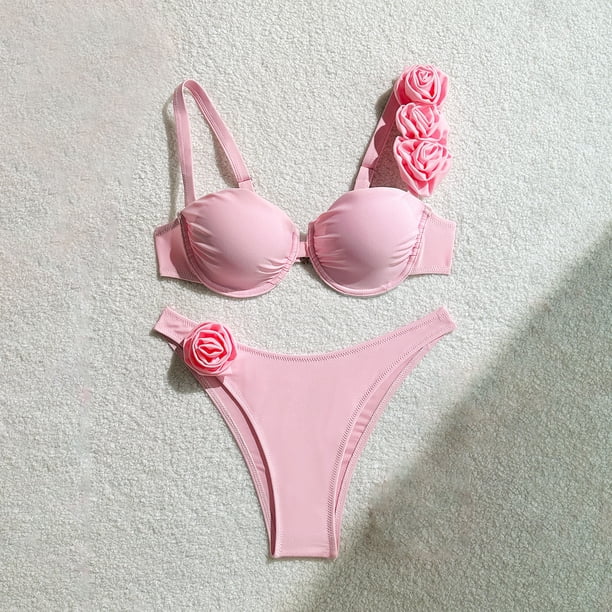 Traje de baño para mujer, bikini de acero de color sólido para mujer, conjunto de traje de baño de playa para vacaciones con flores, trajes de baño para mujer