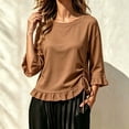 thumbnail image 4 of thefmos Women's Fall 3/4 Sleeve Ruffle Blouses Round Neck Drawstring Ruched Tops Casual Boho Pullover Shirts Solid Fashion Clothes for Vacation, Khaki S, 4 of 6