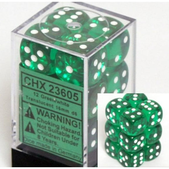 Chessex Dice d6 Sets: Green with White Translucent - 16mm Six Sided Die (12) Block of Dice