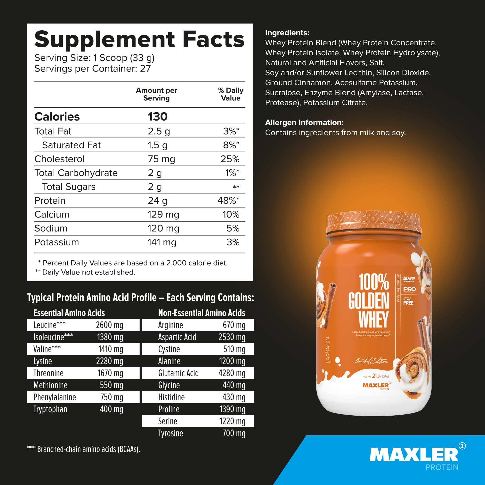Maxler 100% Golden Whey Protein Powder - Cinnamon Bun 2 lb