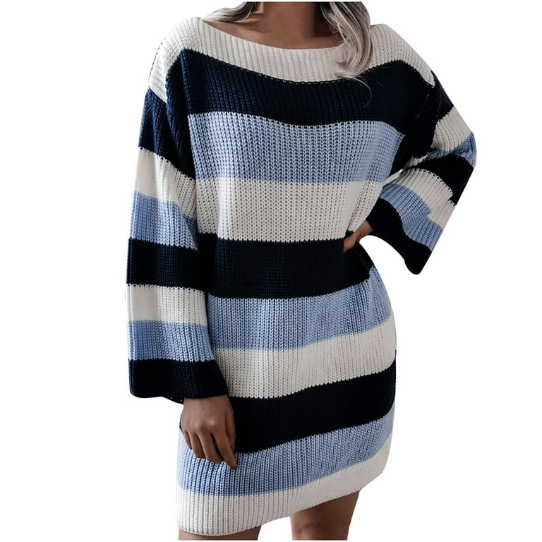 off shoulder long sleeve striped knit mini dress Ivory Striped Sweater Dress - Fuzzy Striped Dress - Sweater Dress