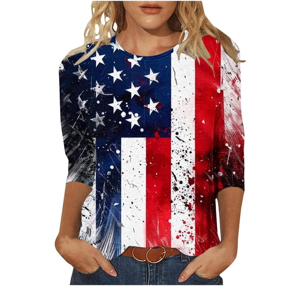 SELONE 3/4 Sleeve T Shirts For Women Fourth of July Print Star Stripe Tops Crewneck Clothes Patriotic Graphic Wear