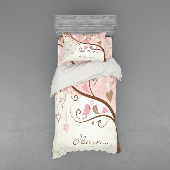 Ambesonne Love Bedding Set 3 Pcs, 2 Birds Romance Motif, Twin XL, Blush Brown Beige