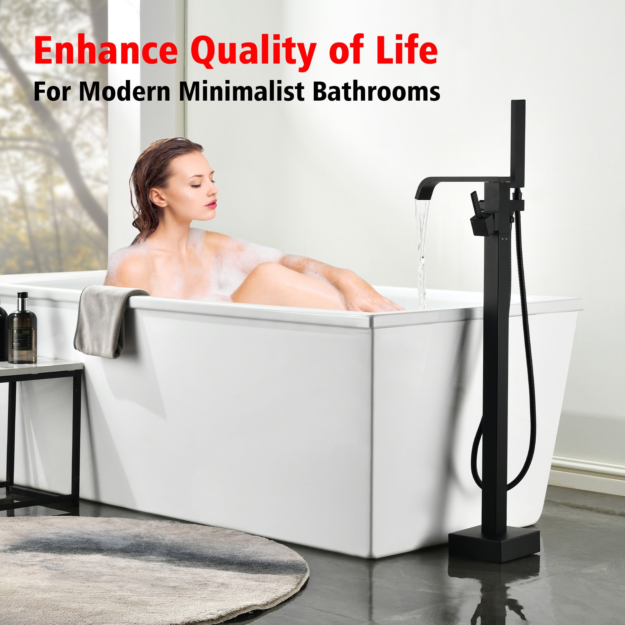 SUMERAIN Matte Black Bathroom Freestanding Tub Faucet, Modern Waterfall Floor Mount Bathtub Faucet with Hand Shower, High Flow