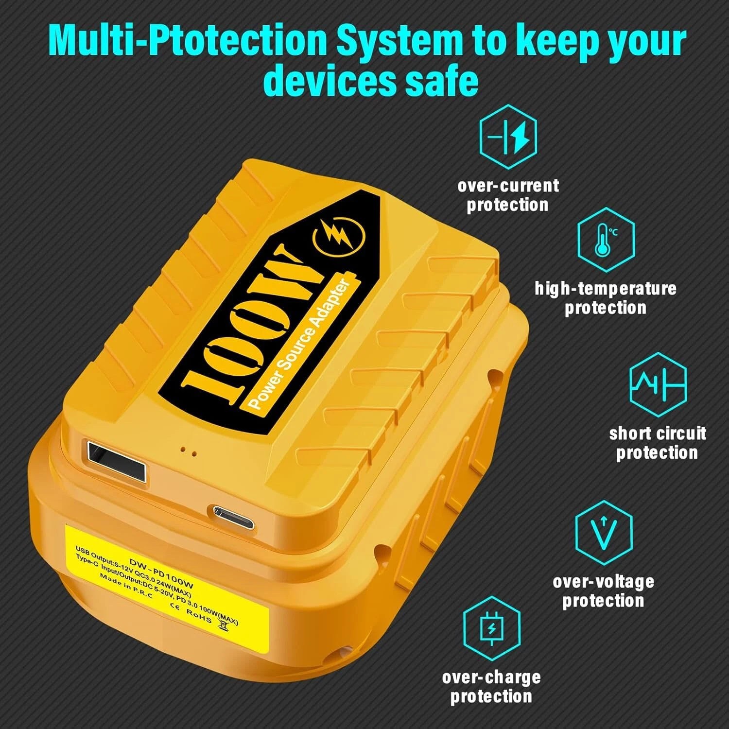 100W USB Power Source Adapter Fast Charger for Dewalt 18V 20V Battery Type-C