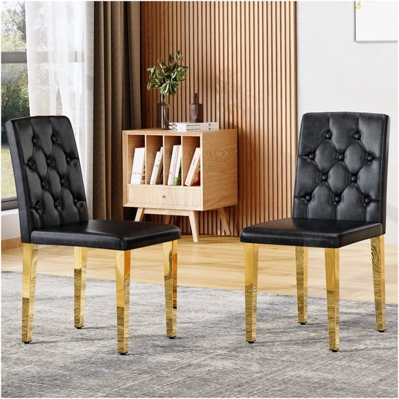 COSMOS 2-Pack Modern Dining Chairs with Buckle Backrest, Black PU Leather Seat & Gold Metal Legs, Set of 2 for Home & Commercial Use