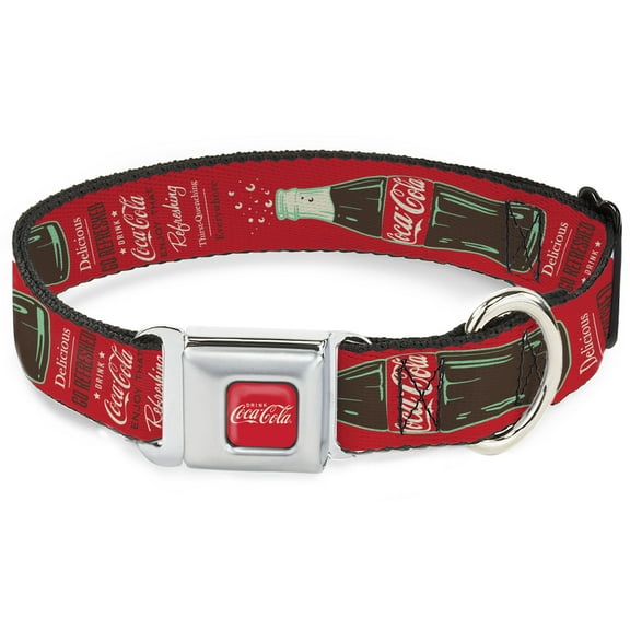 The Coca-Cola Company Pet Collar, Dog Collar Metal Seatbelt Buckle, Vintage Coca Cola Delicious Go Refreshed and Bottle Red, 9.5 to 13 Inches 1.0 Inch Wide