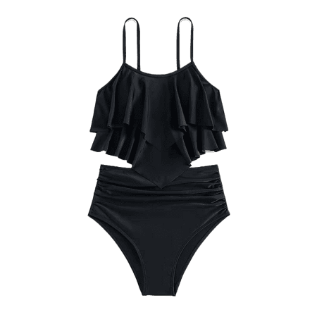 Gelikeya Girls 2 Piece Swimsuit Ruffles Flounce Printed Bikini Tops Shorts Set Swimwear Girl Bathing Suits X10 Black & 13-14 Years