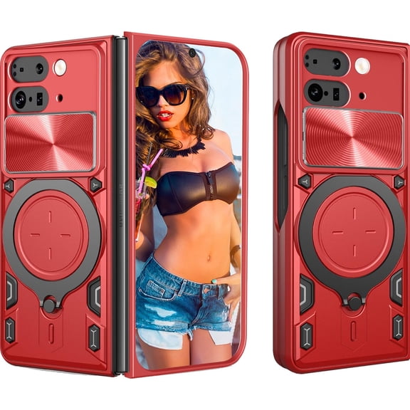 for Google Pixel 9 Pro Fold 5G 8.0" Case with Magnetic Ring Kickstand, Rugged Military Grade Shockproof Heavy Duty Case with Slide Camera Lens Cover for Google Pixel 9 Pro Fold JS-Red
