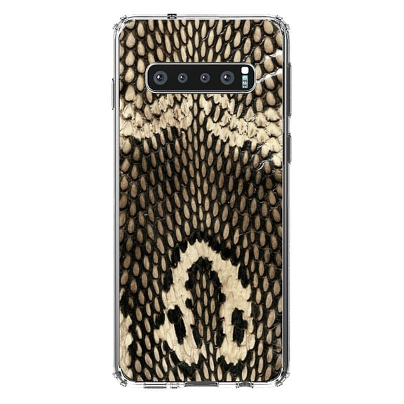 DistinctInk Clear Shockproof Hybrid Case for Samsung Galaxy S10  PLUS(6.4" Screen) - TPU Bumper, Acrylic Back, Tempered Glass Screen Protector - Brown Tan Snake Skin Texture - Animal Print