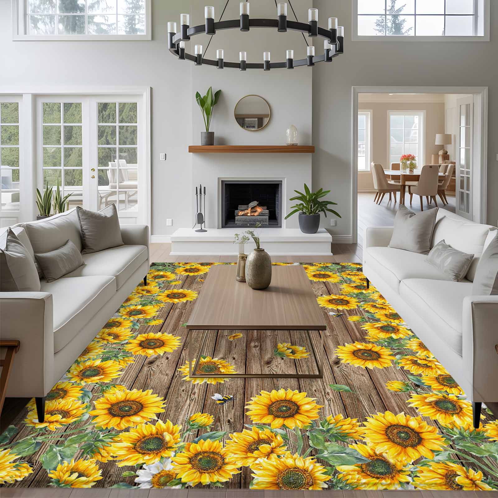 6'x9' Area Rugs, Sunflower Indoor Outdoor Area Rug for Living Room Bedroom, Brown Wood Grain Rustic Farmhouse Bee Washable Bathroom Rugs Kitchen Floor Carpet Mats Home Decor Aesthetic