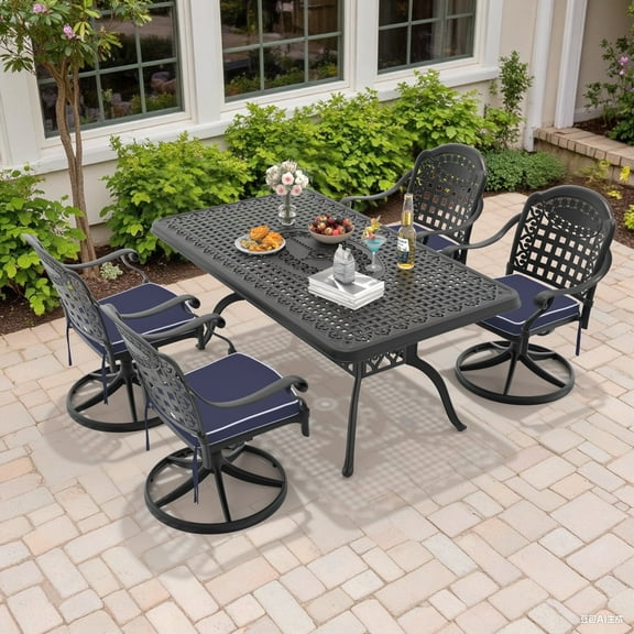 Hzzkey 5-Piece Rectangle Cast Aluminum Patio Set with Swivel Chairs,Blue Cushions,and Umbrella Hole
