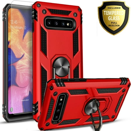 Samsung Galaxy S10 Plus Case, [NOT FIT S10E/ S10 / S10 LITE] Case, With [Tempered Glass Screen Protector Included], STARSHOP Drop Protection Ring Kickstand Cover- Red