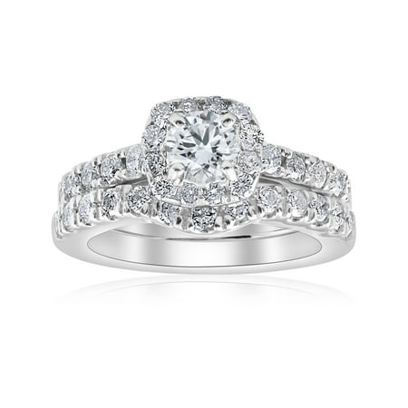 1 1/4Ct Cushion Halo Diamond Engagement Matching Wedding Ring Set 14K White (Best Way To Sell Engagement Ring And Wedding Band)