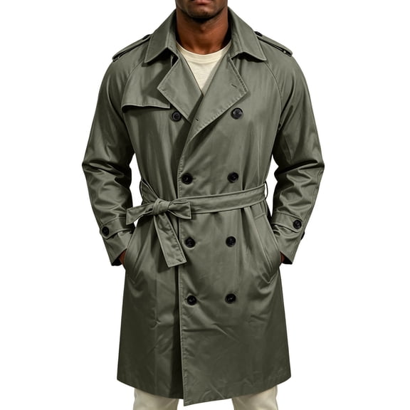 EANJE Trench Coat for Men Double Breasted Mid Length Jacket Casual Belted Overcoat Notched Lapel Windbreaker Spring Fall Daily Wear Army Green M