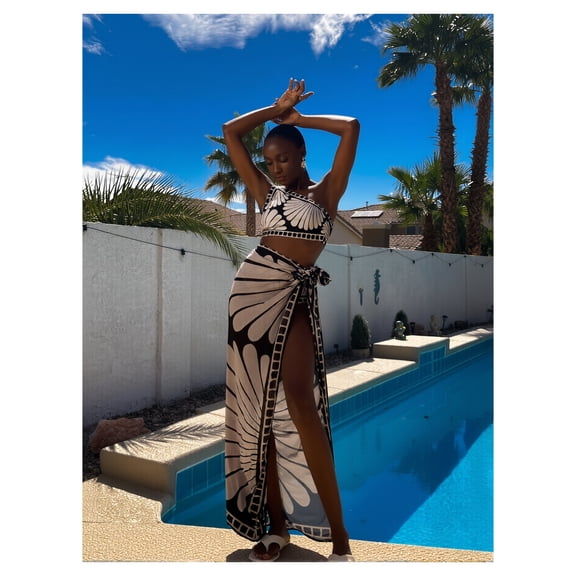 Women's Black & White Shell Print One Shoulder Bikini with High Slit Sarong Cover-Up - 3-Piece Swim Set for Beach, Pool, Vacation S-XL