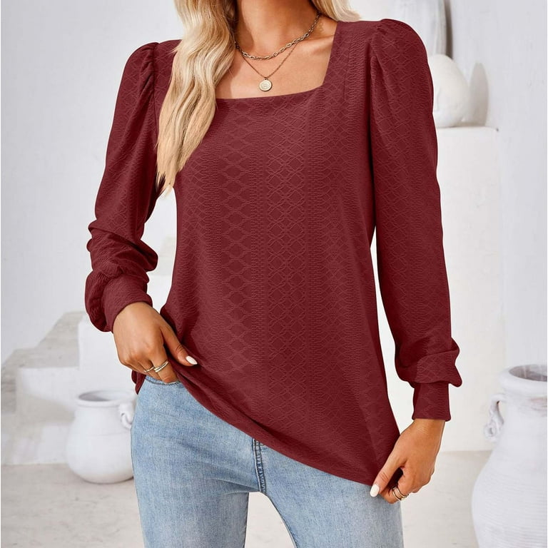 YYDGH Womens Eyelet Puff Sleeve Tops Square Neck Long Sleeve Sweatshirt  Dressy Casual Work Blouse Shirts Wine Red L