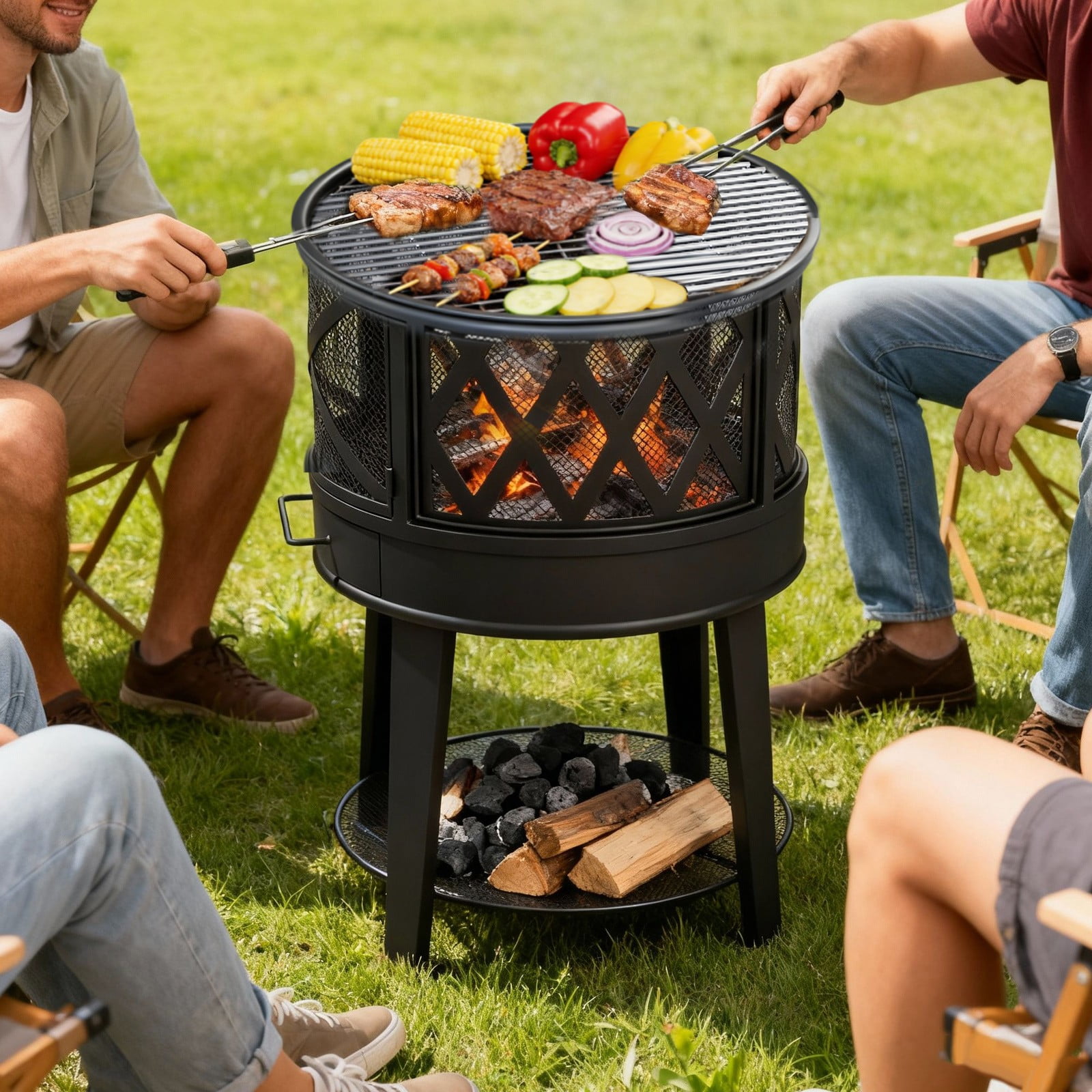 2-in-1 Wood Burning Fire Pit & BBQ Grill with Cover & Poker - Outdoor for Patio
