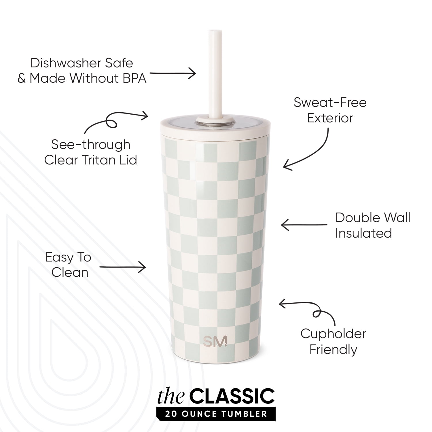 Simple Modern 20 fl oz Insulated Stainless Steel Classic Tumbler with Tritan Straw Lid|Sea Glass Sage and Cream Checkmate