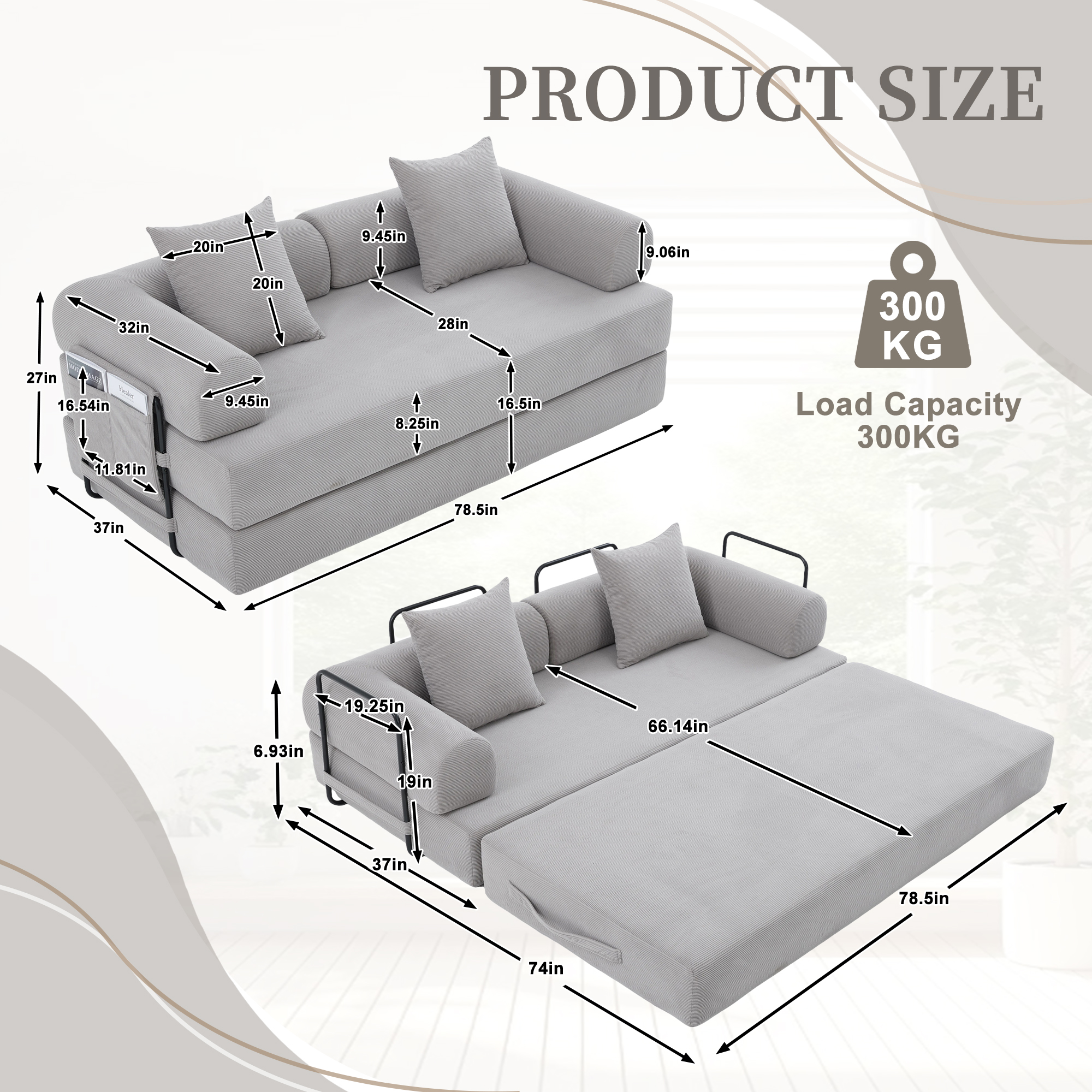 MOONMISS Corduroy Upholstered Modern Comfort Foldable Compressible Sofa Bed with Sturdy Metal Frame-Light Gray