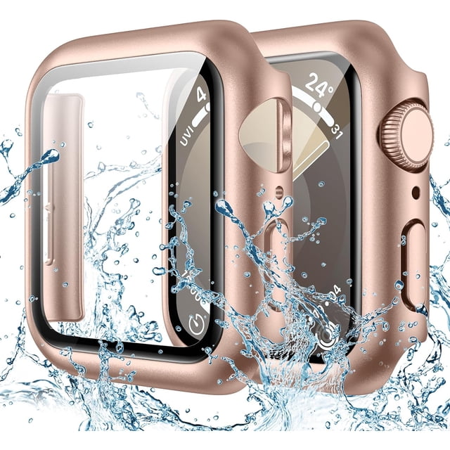 XiHAMA Waterproof Case Compatible with Apple Watch SE (2nd Gen) Series 6 5 4 Screen Protector, Tempered Glass Hard PC Bumper Face Cover