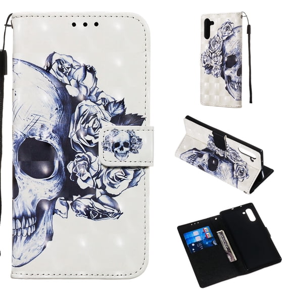 Galaxy Note 10 Case (2019), Allytech PU Leather Slim Fit Lightweight Cards Slots Hand Wrist Full Protective Kickstand Wallet Cases Covers for Samsung Galaxy Note 10, Skull Flower