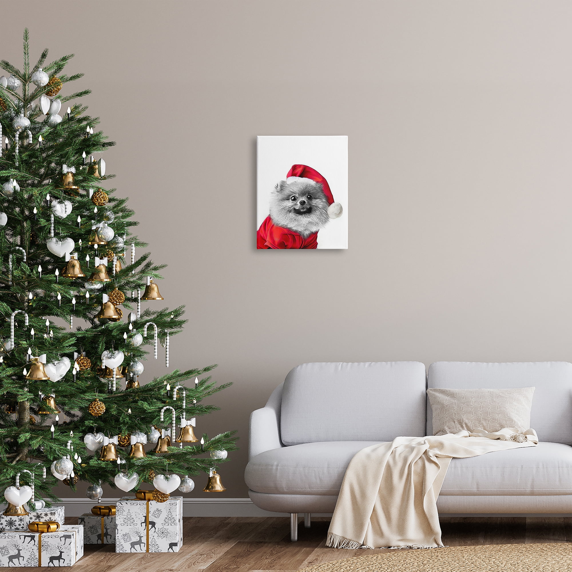 Stupell Industries Pomeranian in Santa Hat Holiday Painting Gallery Wrapped Canvas Art Print Wall Art, 16 x 20