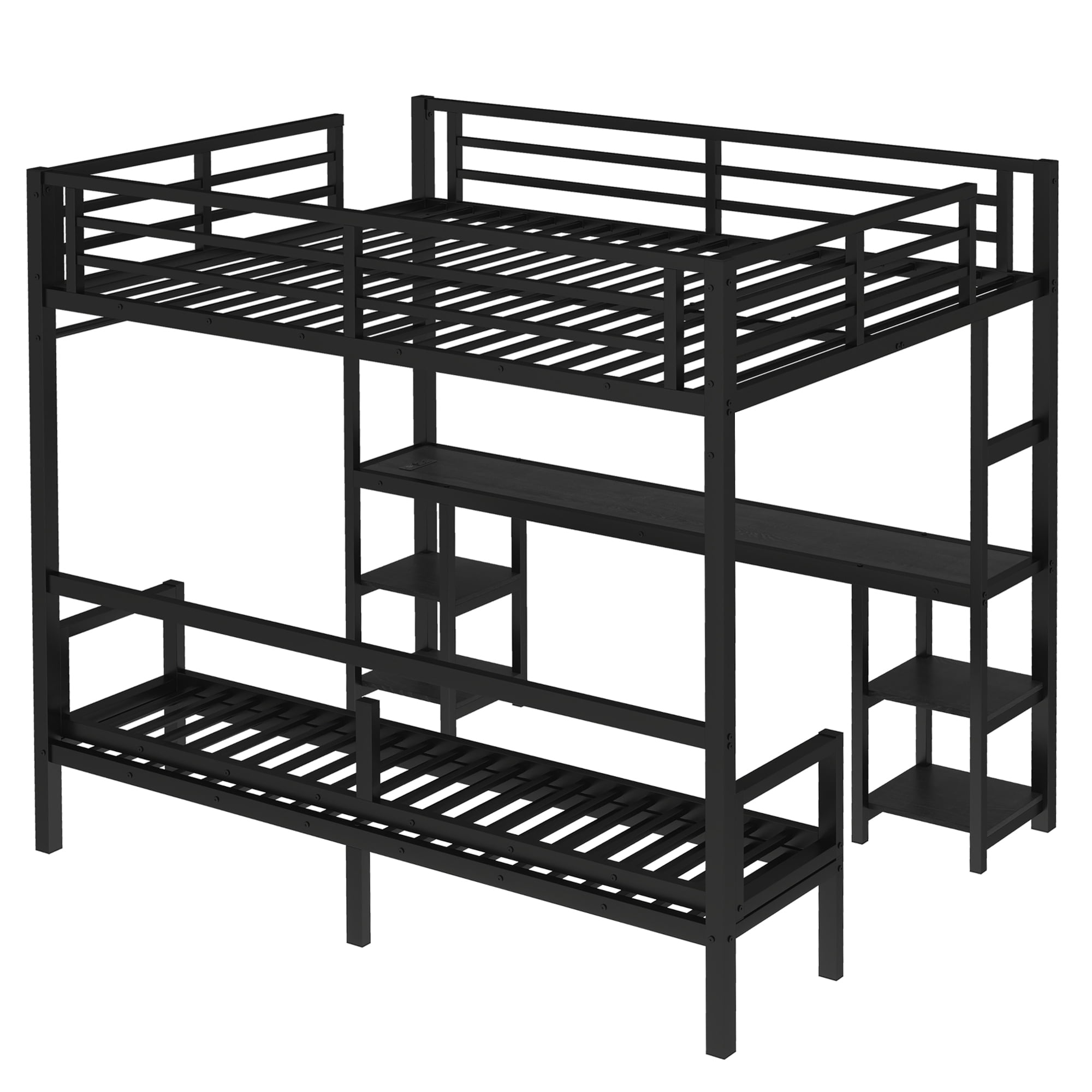 Bunk Bed with Desk, Queen over Twin XL Metal Bed, Loft Bed with Folding Sofa, LED Lights, USB, Storage Shelves, Folding Design, Black for Kids Bedroom Shared Room