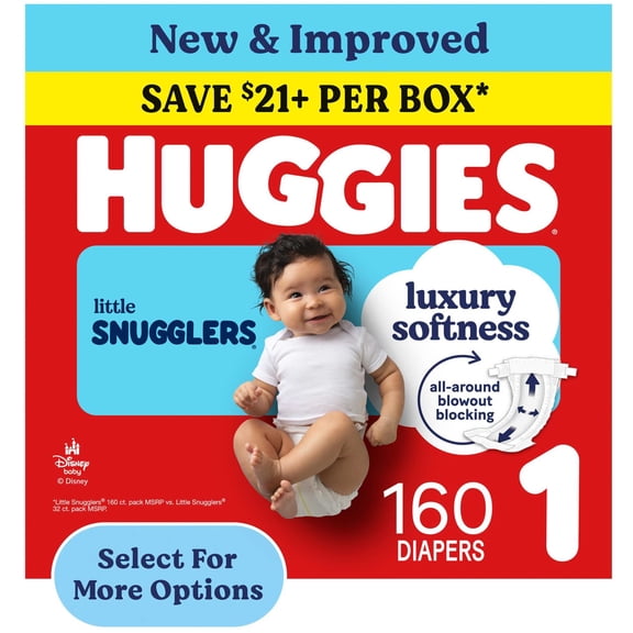 Huggies Little Snugglers Fragrance Free Baby Diapers, Size 1 (8-14 lbs), 160 Count (Select for More)