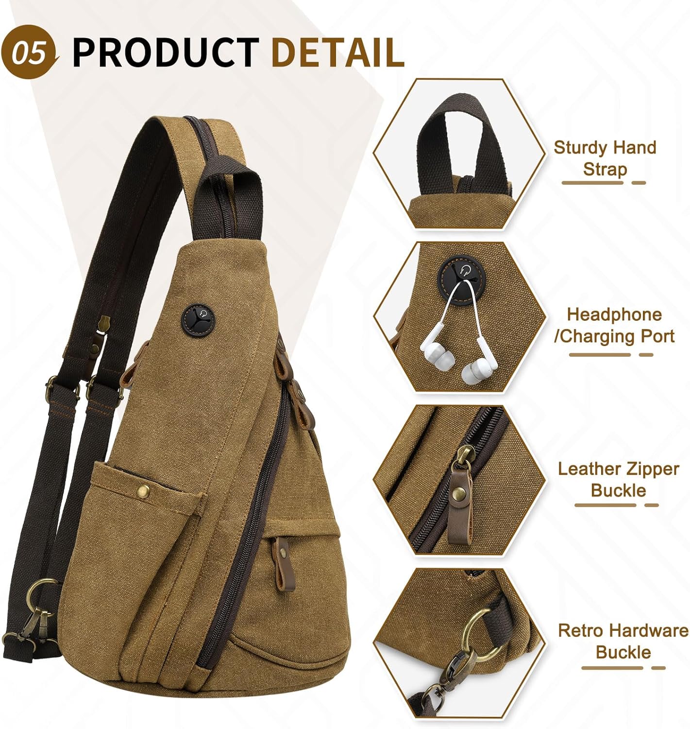 Vintage Canvas Sling Bag with Genuine Leather Zipper, 3 in 1 Crossbody, Backpack, and Chest Bag, for Travel, Hiking, 16x10x6 Inches