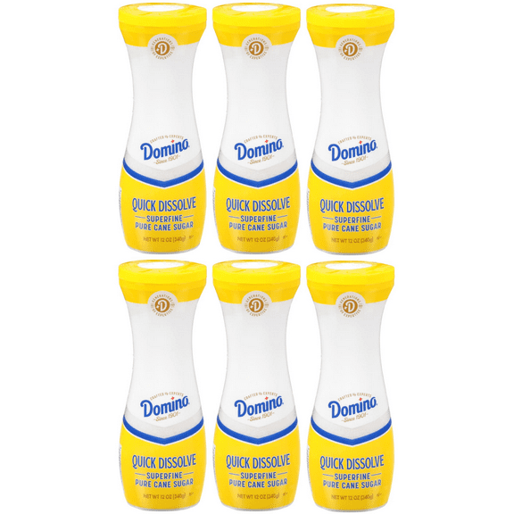 Domino White Sugar PURE CANE Sugar Quick Dissolve Superfine, 12 Ounce Canisters (Pack of 6 Wholesale Bulk Box)