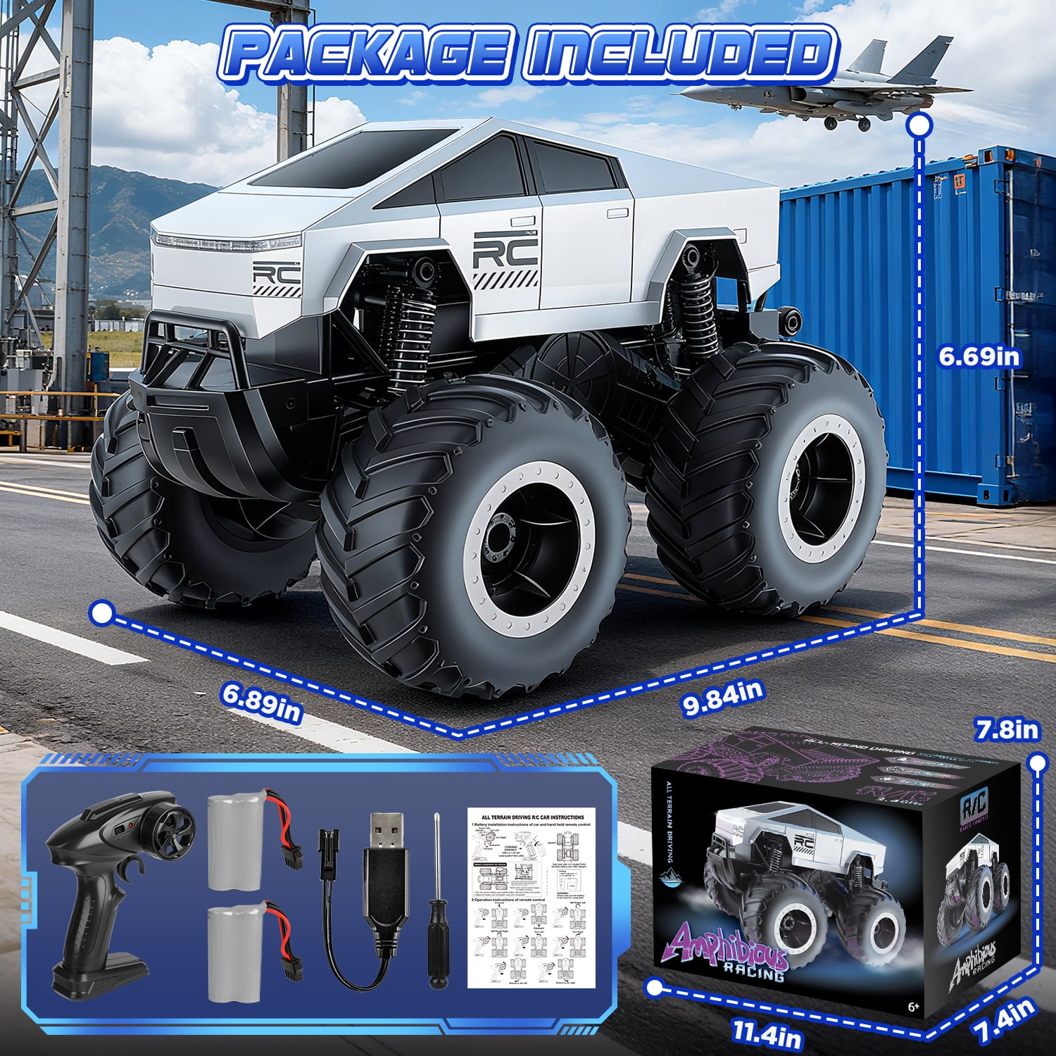 Huge Wave 1:16 RC Monster Truck, Waterproof Amphibious Remote Control Car, 2.4GHz 4WD Off-Road Stunt Car, Christmas Birthday Gift Toys for Boys & Girls Kids Ages 4-12