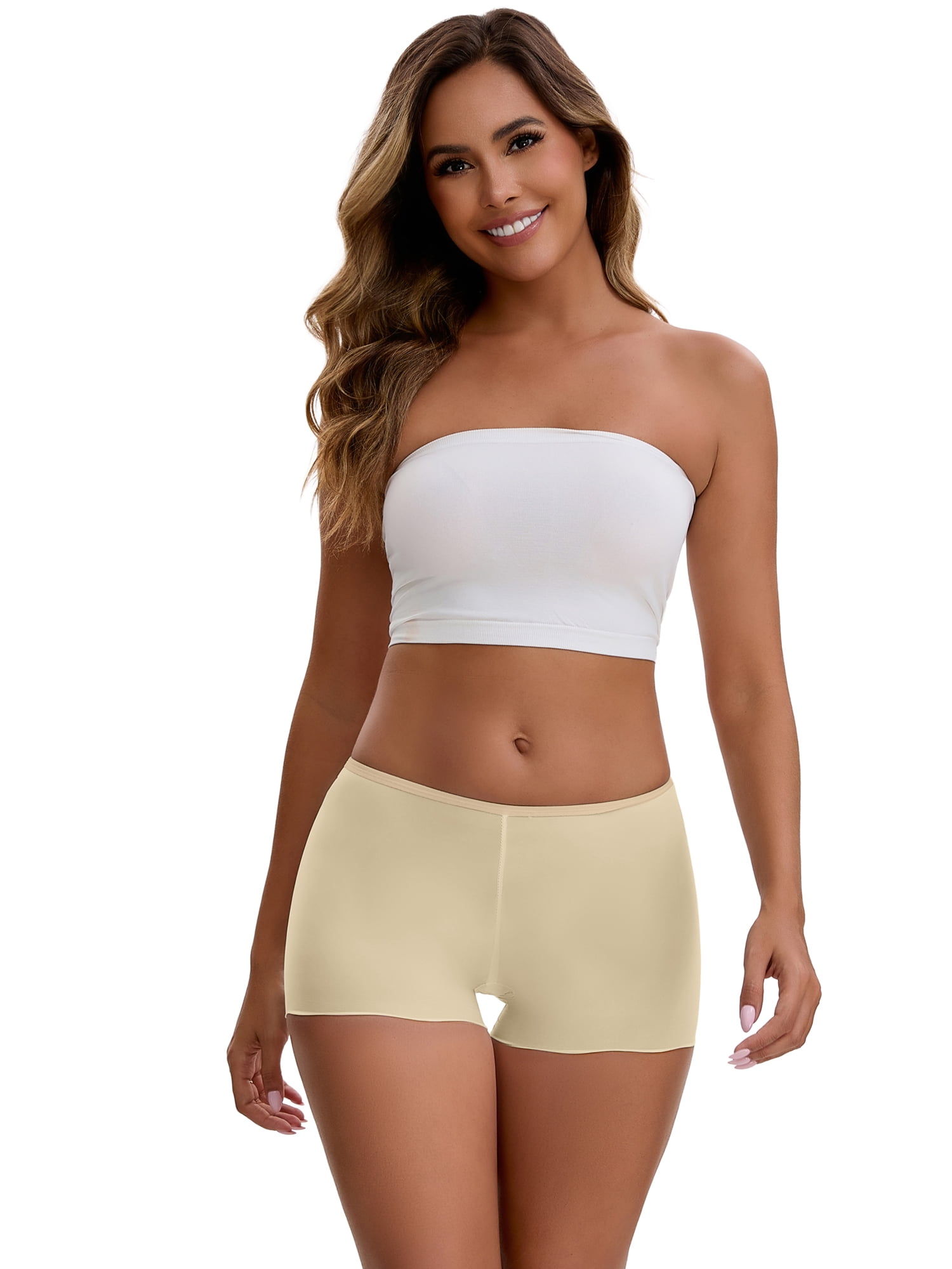 Unique Bargains Seamless Ice Silk Lace Trim Slip Shorts L Beige Y1