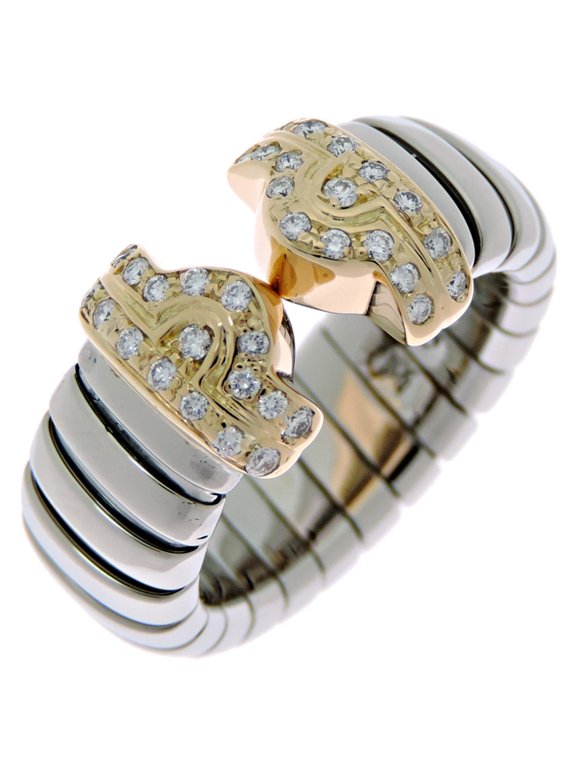 Pre-Owned Bvlgari Parentesi Tubogas Diamond Ring, Size M, 750 Yellow Gold, 10.5 (Good)