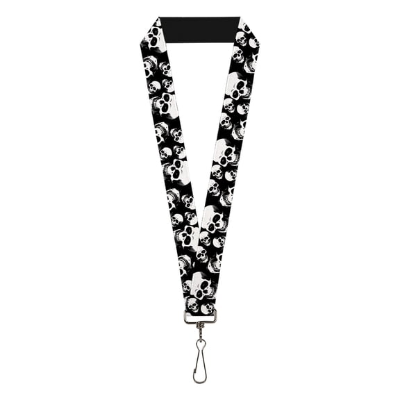 Buckle-Down Lanyard, Smiling Vivid Skulls Black White Grays, Elastic