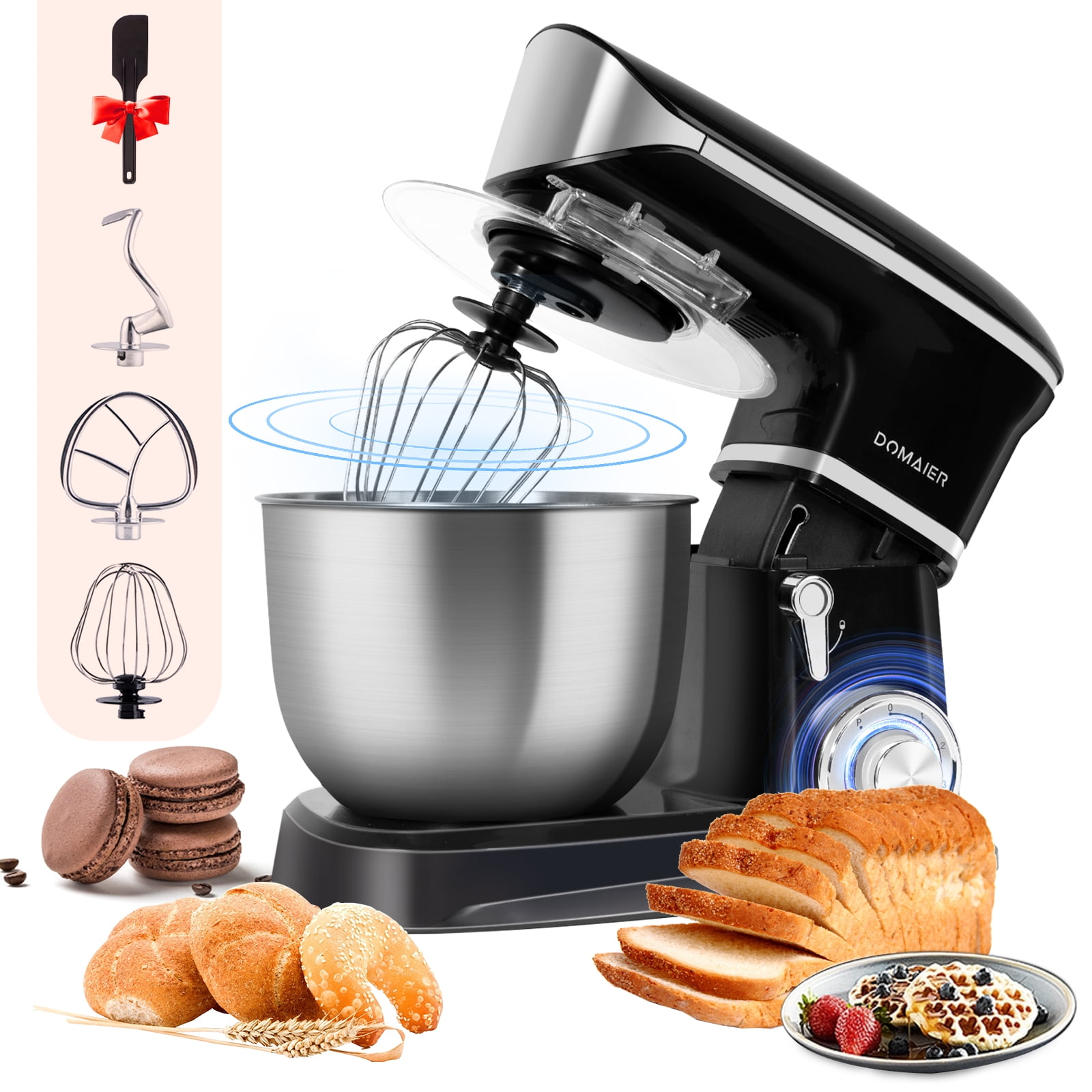 Domaier Household Electric Mixer with 5.5 QT Bowl, 6-Speed 600W Tilt-Head Kitchen Food Mixer with Dough Hook, Flat Beater, Wire Whisk & Pouring Shield, Dishwasher - Walmart.com