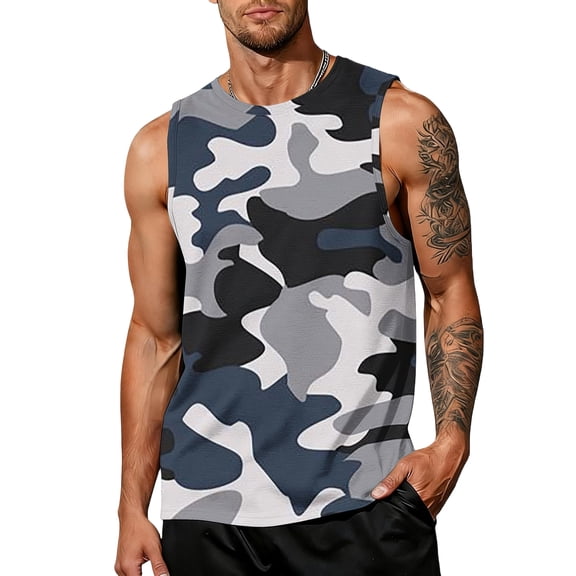 longantii Men's Camo Print Tank Tops Breathable Crew Neck Sleeveless Shirts Loose Fit Outdoor Athletic Summer Vest Black 5XL