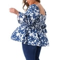 thumbnail image 3 of Agnes Orinda Women's Plus Size Floral Print Tops Smocked Peplum Blouses Square Neck Long Sleeve Casual Shirts 2X Blue, 3 of 6