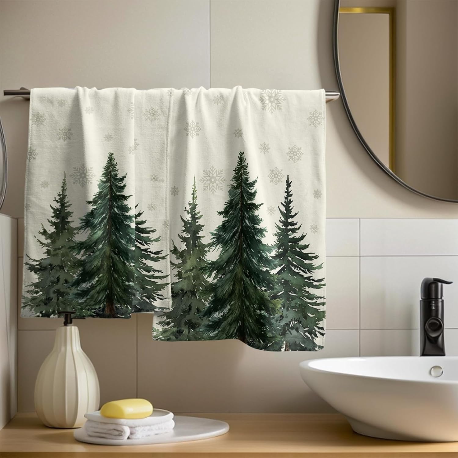 Winter Trees Hand Towels Set of 2, 28x14 Inch Nature Snow Pine Tree Xmas Beige Absorbent Microfiber Fingertip Towel Wash Cloths for Bath Kitchen Yoga Spa Face Hair
