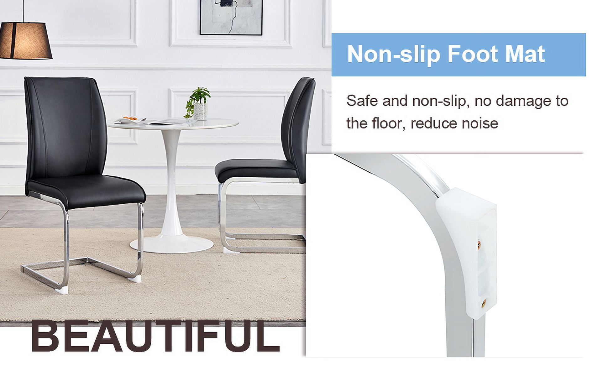 Luxury Simple Arch Chair - Set of 4 Black PU Material High Resilience Dining Chair with Arched Metal Silver Leg.