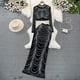 thumbnail image 1 of Falda de cola de pez envuelta en glúteos de cintura alta, vestido de trompeta de manga larga, adornado con diamantes Top corto de pie con cuello, dos piezas, 1 of 5