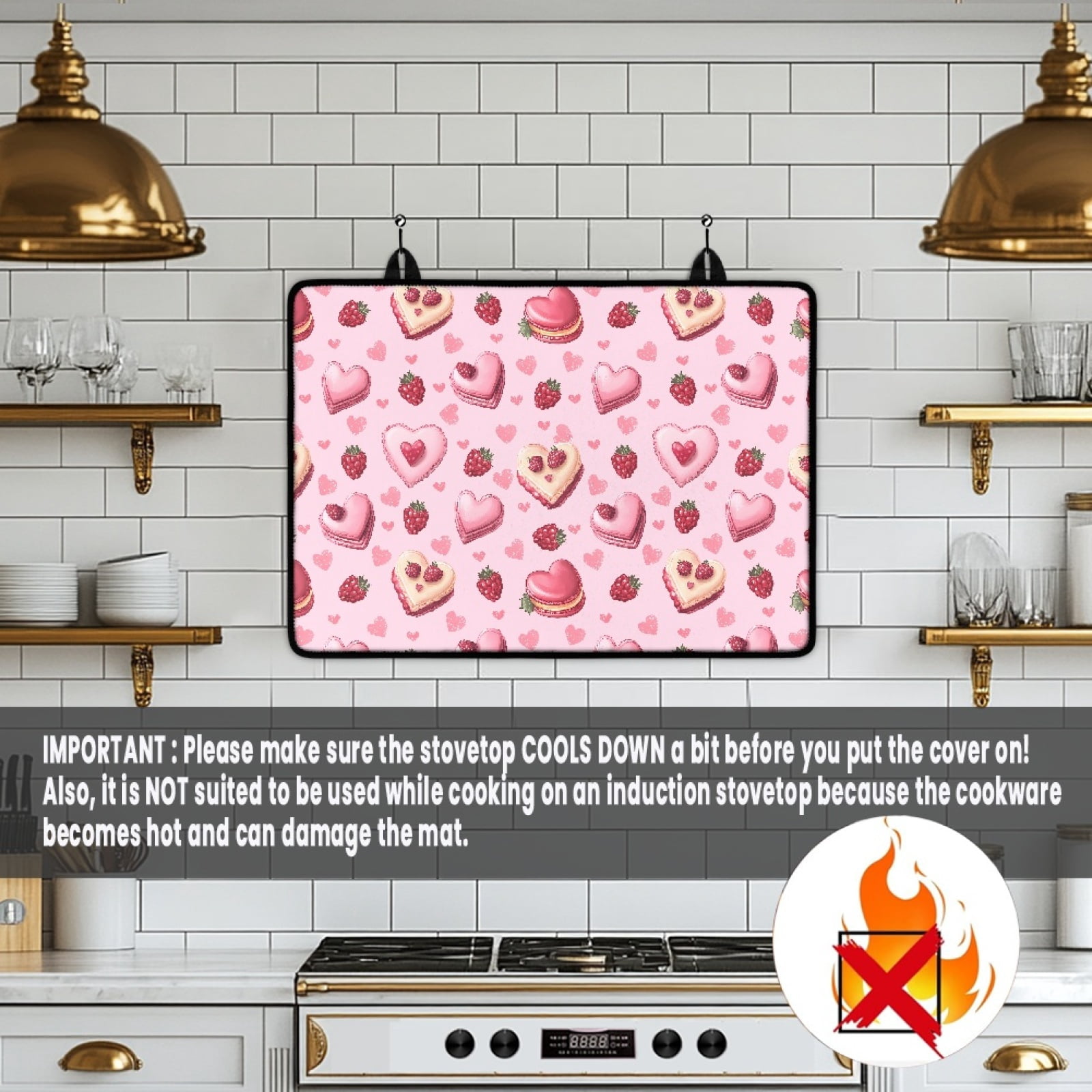 SEANATIVE Stove Top Cover for Gas Stove Foldable Ceramic Top Stove Cover Heat Resistant Glass Cooktop Cover Washer Dryer Top Mat Range Cover, Berry Love Heart Shaped Cake Pink Valentine's Day