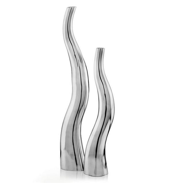 Modern Tall Silver Aluminum Squiggly Vases, Set of 2