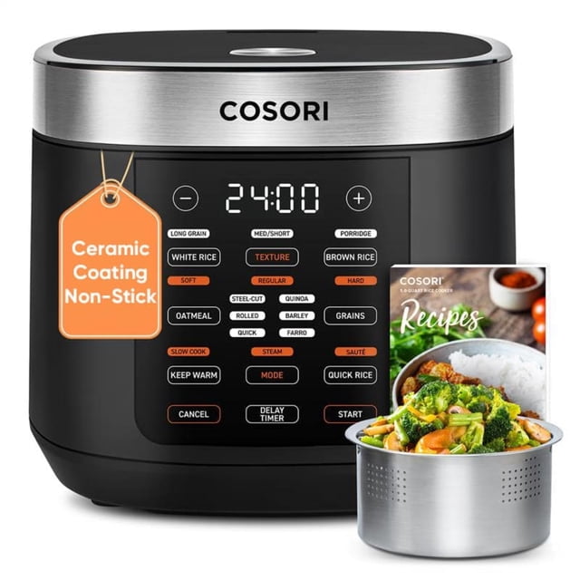 COSORI Arrocera 10 tazas, 24 horas para mantener el calor, olla interior de cerámica antiadherente, 18 funciones de lógica difusa con cesta de vapor de acero inoxidable, salteado, olla lenta, negro