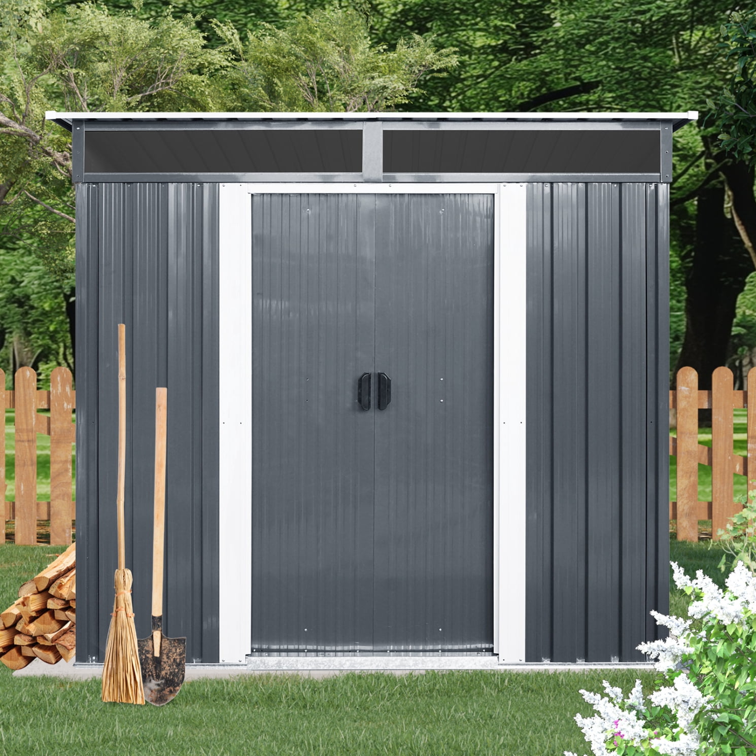 6ft x 5ft Outdoor Storage Shed with Sliding Doors and Padlock, Metal Tool Cabinet with Window and Metal foundation, Waterproof Tool Sheds for Backyard Garden Patio Lawn, Black