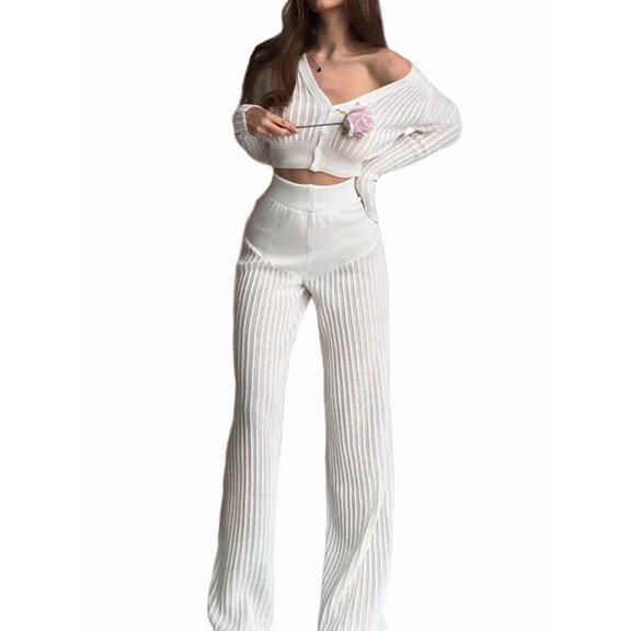 Women'S Solid Color Knitted Casual Hollow Commuter Suit Long Sleeve Button Top High Waist Pants Two-Piece Suit White L