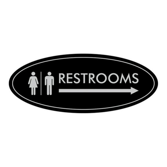 Oval Restrooms Right Arrow Sign (Black / Silver) - Small 2x5"