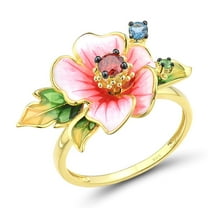 Santuzza Peony Ring 925 Sterling Silver Garnet Handmade Enamel Flower Ring for Women