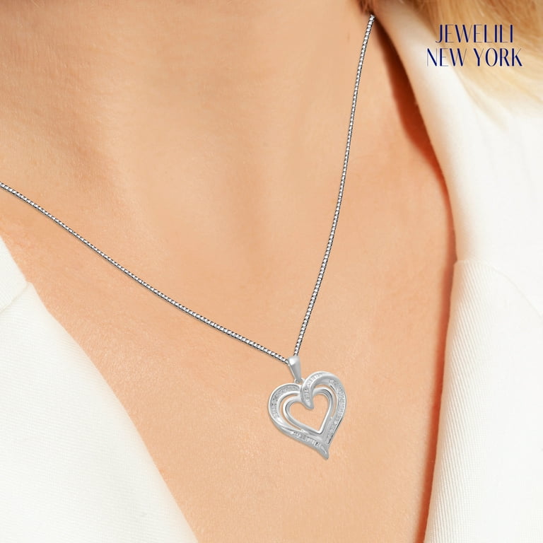 Jewelili Heart Necklace Pendant with Natural White Round and Baguette  Diamonds 1/4 Cttw in Sterling Silver 18