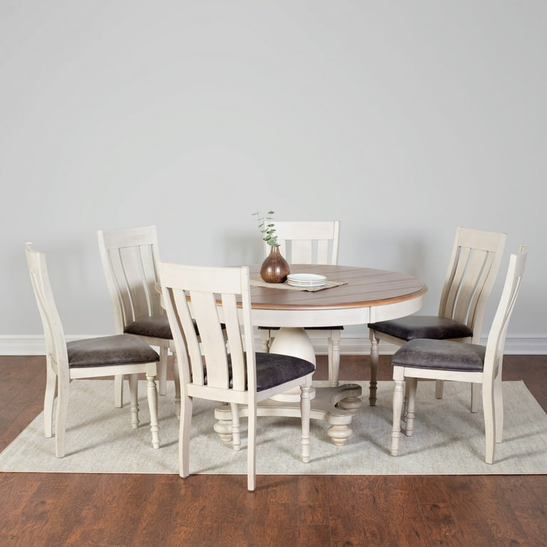 Roundhill Furniture Arch Weathered Oak Dining Set Round Table Six Chairs